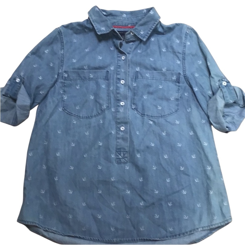 Tommy Hilfiger Blue Chambray White Anchor Print Roll Up Sleeve Button Down Shirt